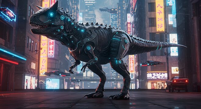 A robotic carnotaurus  dinosaur stands in a futuristic city with neon lights and flying vehicles in the background