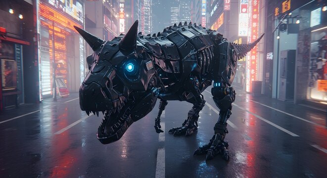 Robotic carnotaurus dinosaur walking down a city street with bright neon signs and a wet reflective surface