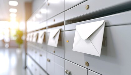 Modern mailboxes with white envelopes, sunlight streaming in