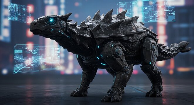 Robotic ankylosaurus with glowing blue eyes standing in a futuristic city with holographic displays around