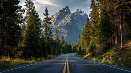 Scenic mountain road through a pine forest at sunset
