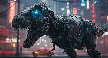 Robotic tyrannosaurus rex with glowing blue eye standing in a futuristic neon lit city street