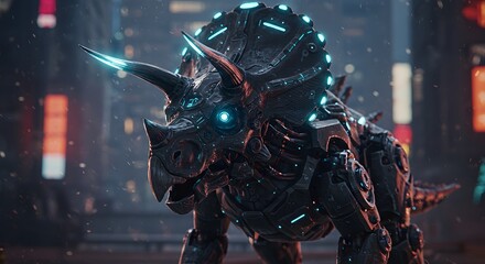 Robotic triceratops with glowing accents stands in a futuristic city with blurred lights behind it