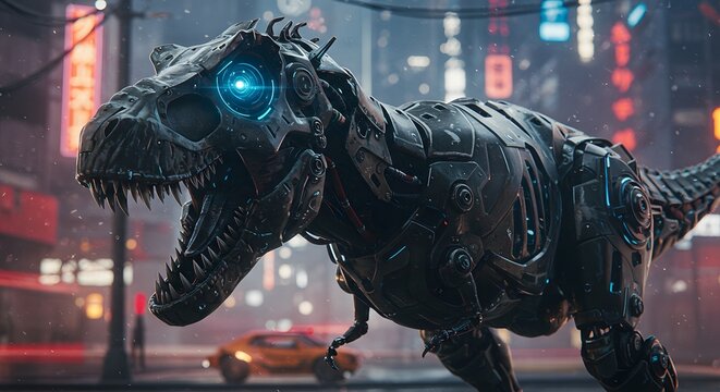 Robotic tyrannosaurus rex with glowing blue eye standing in a futuristic neon lit city street