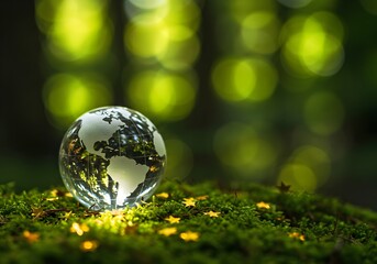 christmas tree on the green background, Glass globe with etched continents rests on mossy ground with small gold stars scattered around. Eu Corporate Sustainability Reporting Directive CSRD, represent