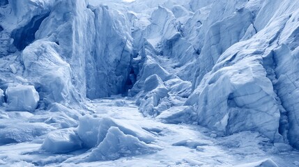 A Majestic Glacier Landscape Displaying Crevasses and Ice Formations with Light Blue Hue