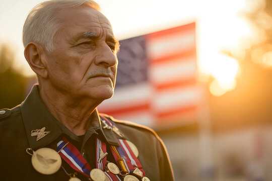 Veteran portrait with american flag and medals honoring military service