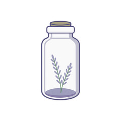 A simple illustration of lavender sprigs in a glass jar with a cork lid