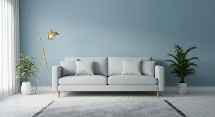 Scandinavian living room interior with light gray sofa, gold lamp, white floor, and blue wall — modern 3D rendering