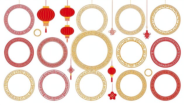 Collection of ornate circular frames and festive Chinese lanterns in red and gold