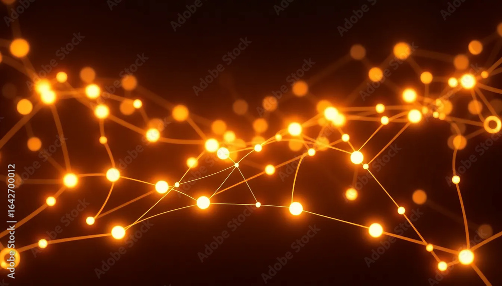 Poster glowing orange network of connected nodes and lines