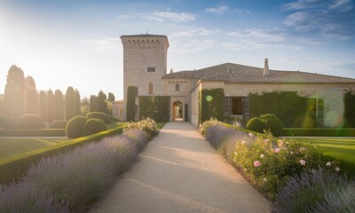 Elegant chateau with lavender garden path in sunlight