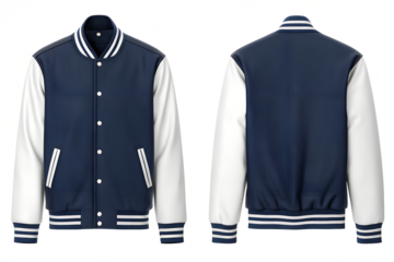 Classic navy and white varsity jacket front and back view for modern fashion style