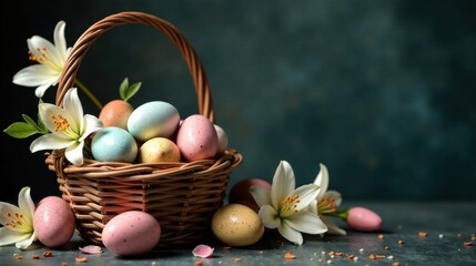 Obraz premium Pastel Easter eggs nestled in a wicker basket adorned with lilies, a springtime celebration