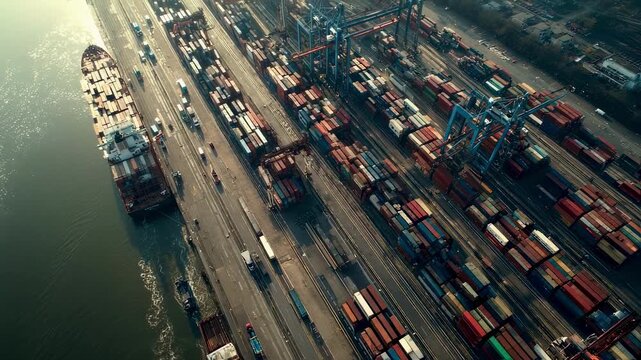 An aerial view of a multimodal transportation hub with breakbulk cargo containers being transferred between ships and trucks emphasizing the integration of land and sea transport in