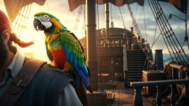 Colorful parrot perched on a pirate's shoulder on a ship