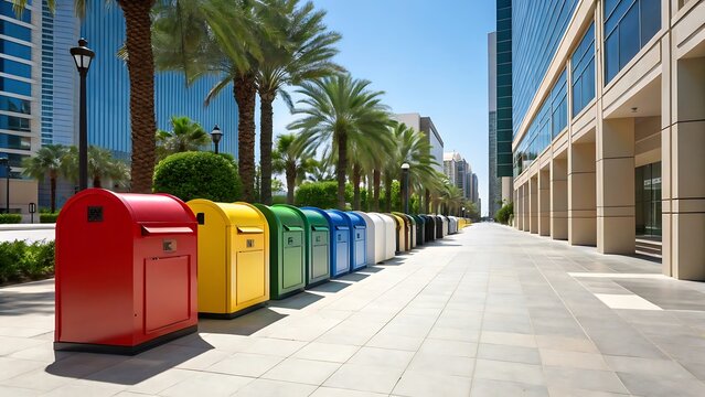 Colorful recycling bins in urban setting with palm trees and modern buildings landscape view scene outdoors