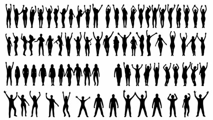 Silhouette collection of diverse people raising their hands in various poses and body positions standing up