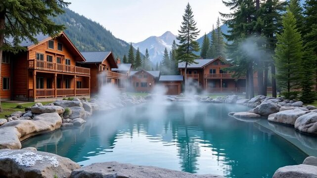 Luxurious mountain resort lodges with steaming outdoor hot springs and majestic snowy peaks in the background. AI generative video
