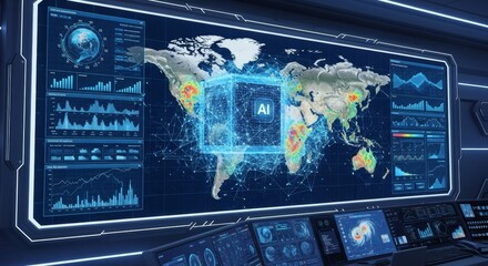 A futuristic control room displays a digital world map with AI data visualizations. Graphs and statistics are shown on multiple screens.