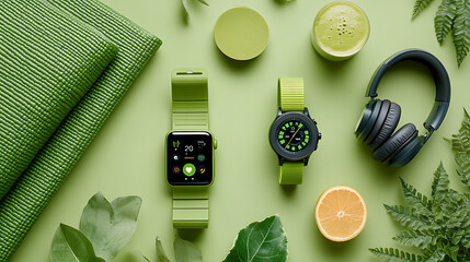 A flatlay of a green yoga mat, smart watch, headphones, and smoothie bottle, placed on a minimalist background. Bright diffused daylight, sharp clean layout. Created Using: fitness lifestyle setup,
