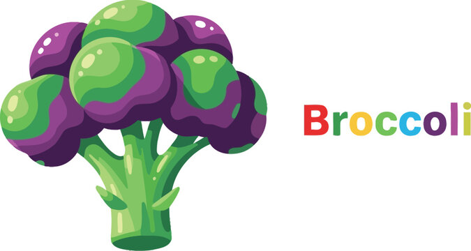Colorful broccoli illustration, showcasing its vibrant green and purple florets, a healthy and nutritious vegetable, perfect for promoting a balanced diet and lifestyle