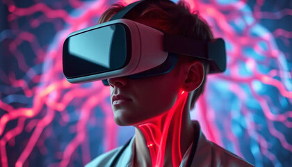 Man immersed in vibrant virtual reality experience