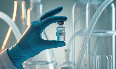 Fototapeta premium Gloved hand holds serum vial; lab glassware background in soft focus