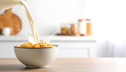 Milk pouring into cereal bowl