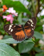 Naklejka premium A dark butterfly with orange and white markings rests on a leaf amidst lush green foliage and blurred pink flowers
