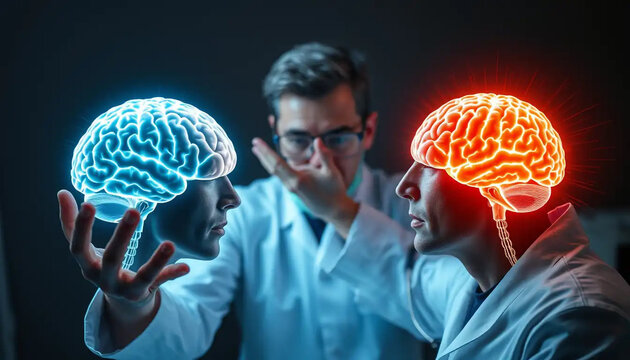 Scientists examine glowing blue and red brains in futuristic lab