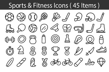 Sports & Fitness Icons:soccer ball, basketball, baseball, tennis racket, badminton shuttlecock, cricket bat, golf club, football helmet, hockey stick, ice skate, and more.