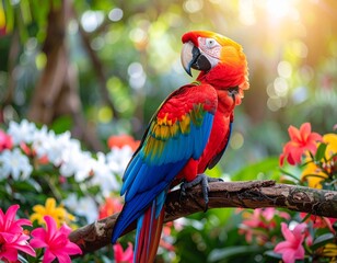 Colorful Macaw Parrot in a Vibrant Tropical Garden