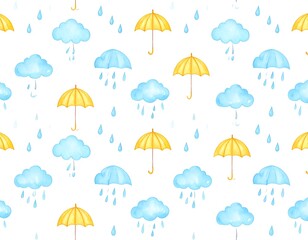 Watercolor pattern of clouds, rain drops, and umbrellas.