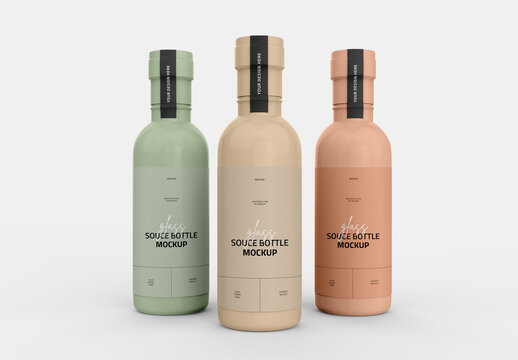 Three Glossy Souce Bottle Mockup
