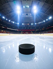 A hockey puck sits center ice in a brightly lit arena
