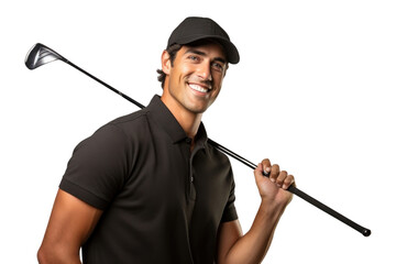 PNG Man holding a golf club smiling looking sports.