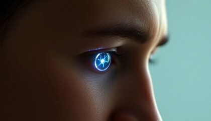 Close up of a human eye with a glowing blue cybernetic iris