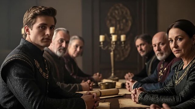 A young prince attending a serious medieval royal council meeting in a dark, candlelit room.