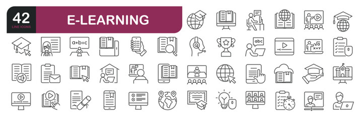 E-Learning icons set. Web line icons collection related education, school, online class. Editable stroke