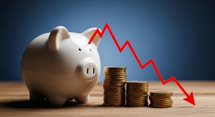 Illustrating an economic downturn, this image shows a piggy bank with diminishing coin stacks and a falling red graph arrow, representing a financial crisis, investment loss, and a decline in savings.