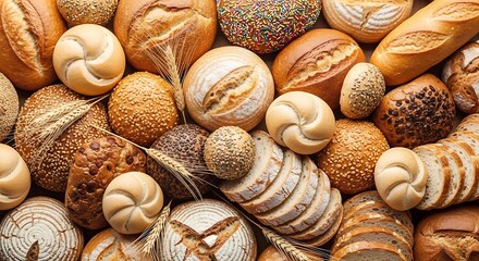 Assorted artisan breads, rolls, and sliced loaf with wheat stalks, a bakery showcase