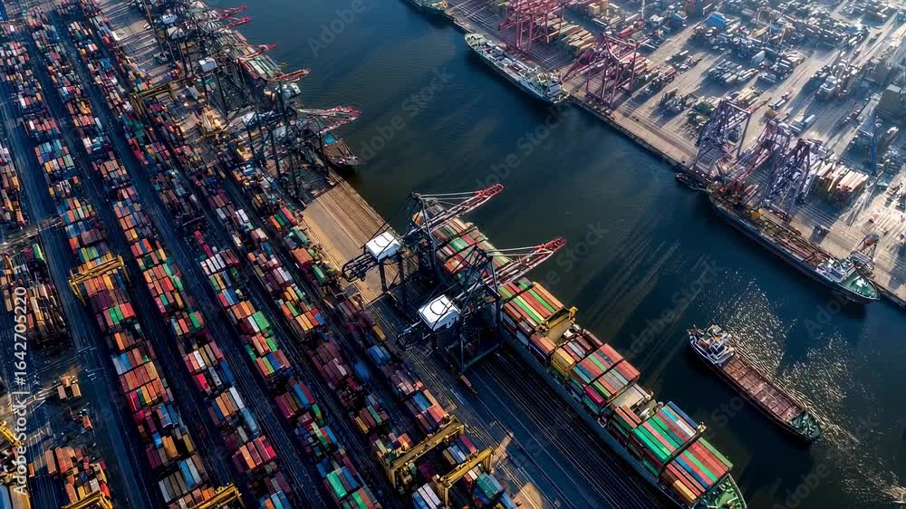 Poster an aerial view of a bustling harbor where numerous cranes are unloading colorful containers from mul
