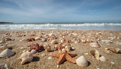 Beach with starfish and seashells on sandy shore