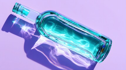 Vibrant teal glass bottle with striking shadows.