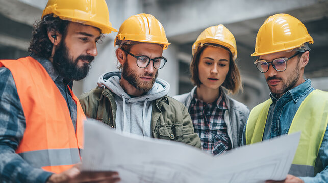Group of engineers from diverse backgrounds collaborating on a project plan, holding documents, wearing safety equipment, with open space on left side for design.