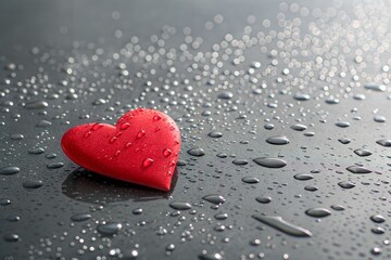 Vibrant red heart shape glistening with numerous water droplets on a dark reflective surface, creating a mesmerizing, romantic atmosphere perfect for love and care themes