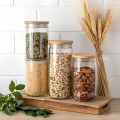 Glass jars filled with various dry food ingredients like nuts, grains, and legumes, neatly arranged on a wooden board with wheat stalks