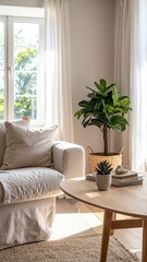 A cozy living room features soft white curtains gently billowing from an open window, allowing sunlight to illuminate the warm, inviting space.