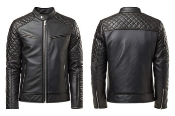 Sleek black leather biker jacket with diamond quilting and zippered details, front and back view.